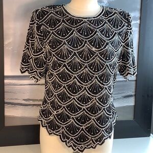 Vintage Laurence Kazar Black Beaded Pearl Embellished Short Sleeve Top Blouse XL